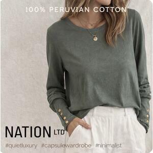 Nation Sz M Grn Gray 100% Peruvian Ctn LS Blousy Slv 4 Gold Snap Cuff Minimalist